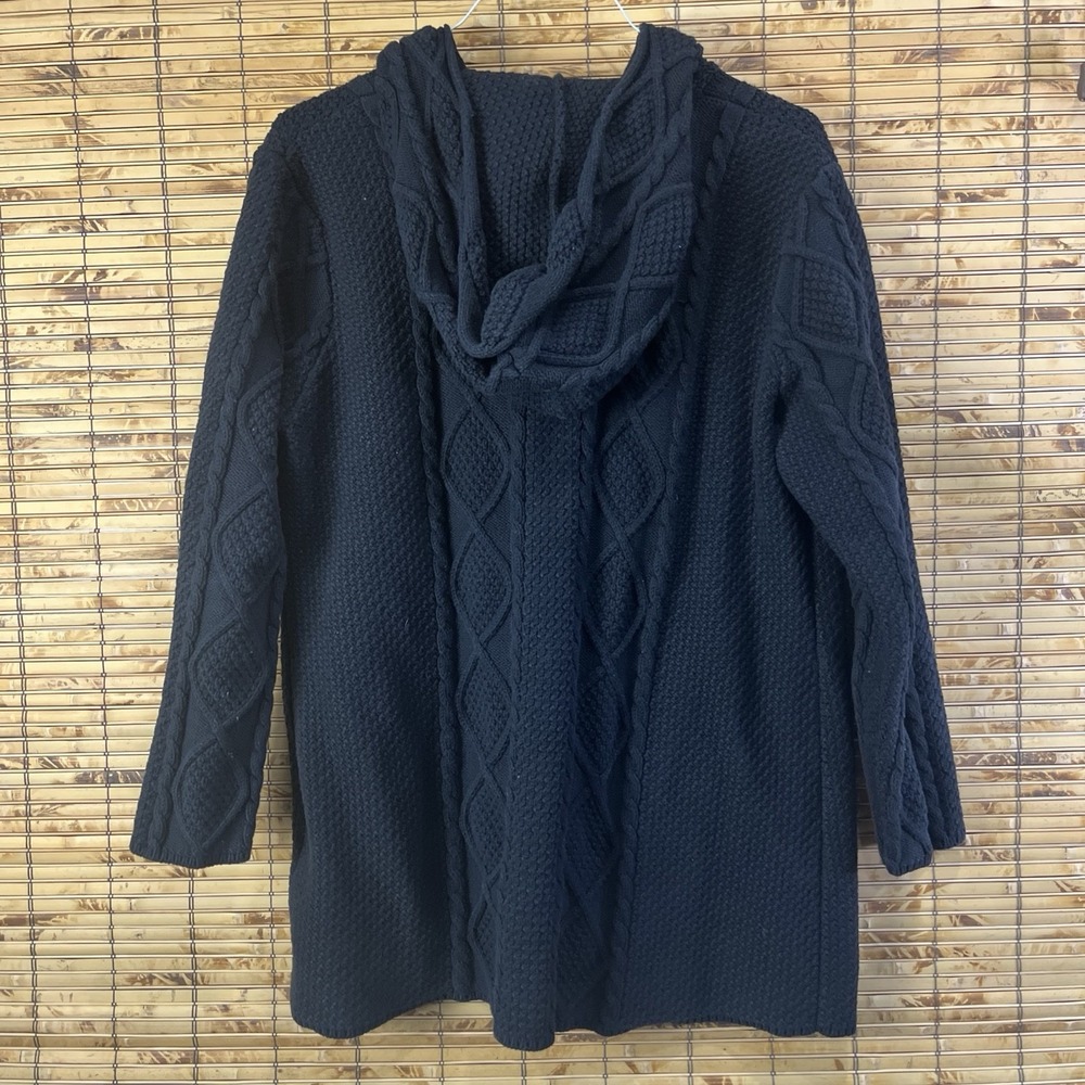 Chico's Cardigan Women 2 M Black Hooded Cable Knit Diamond Button Front Longline - Picture 3 of 6